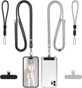 Two adjustable phone lanyards in black and gray, with metal clips and phone holder