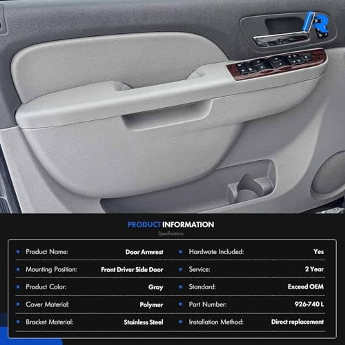 Gray front driver-side door armrest with product information table below