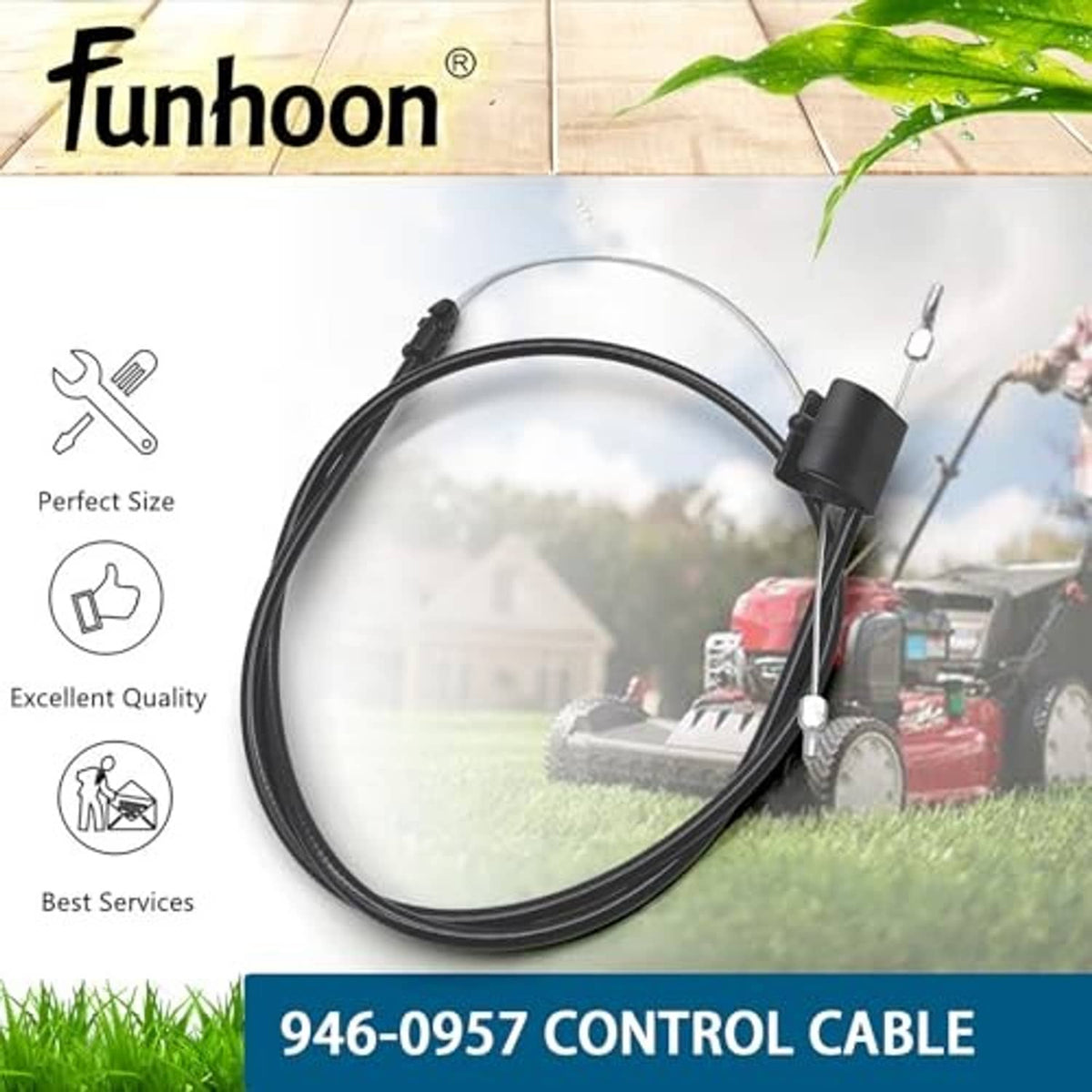 Control cable with black housing and clear wire, featuring inline bracket and clip