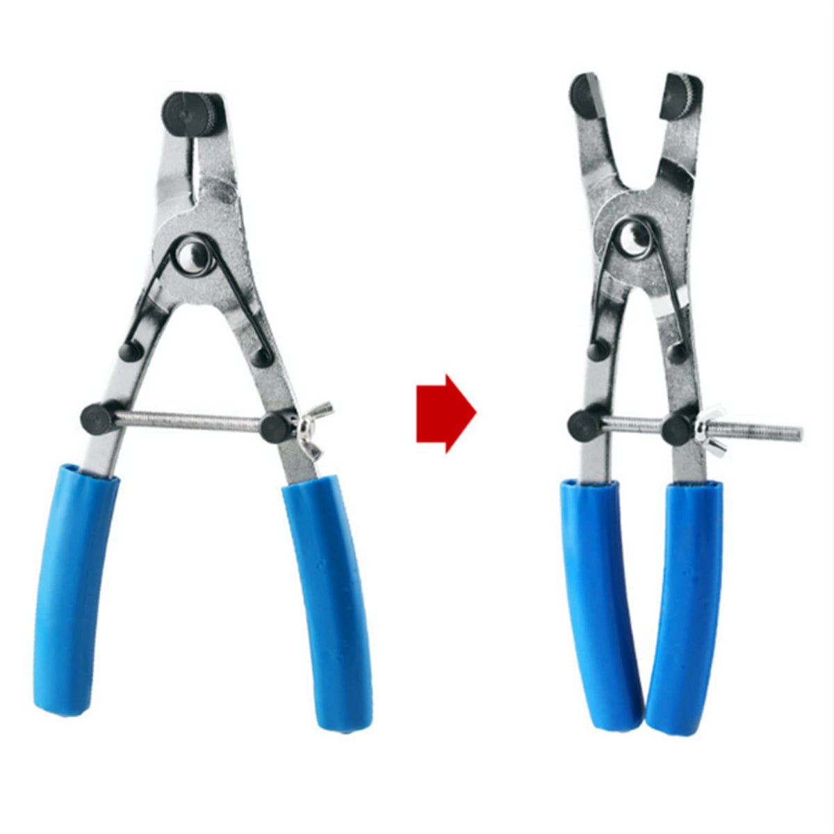 Brake piston removal pliers demonstrating open and closed jaw positions with blue handles