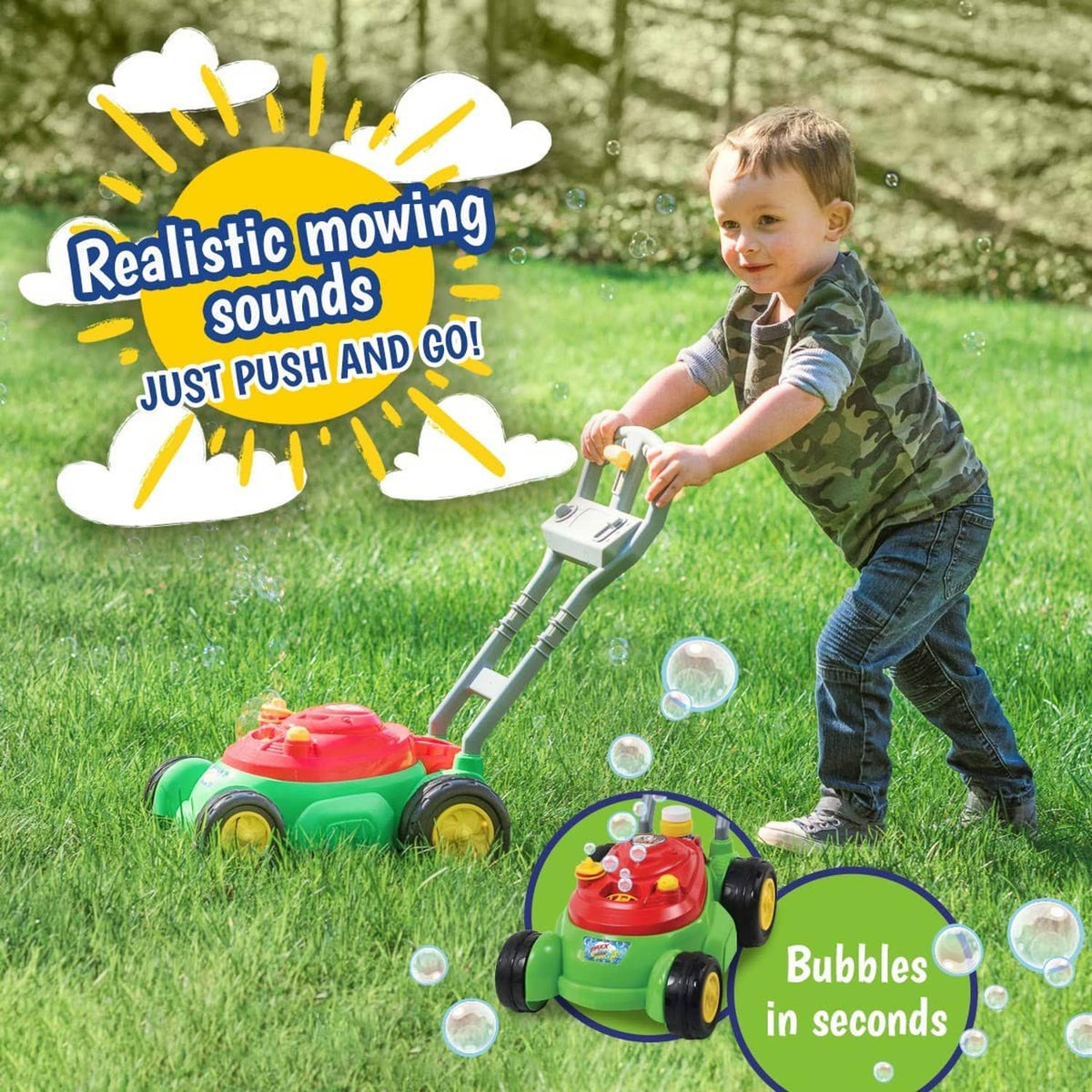 Bubble lawn mower toy on grass with bubbles floating around