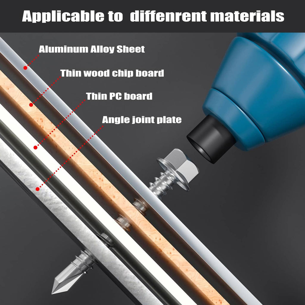 Self drilling screws shown fastening multiple material surfaces in an angled setup