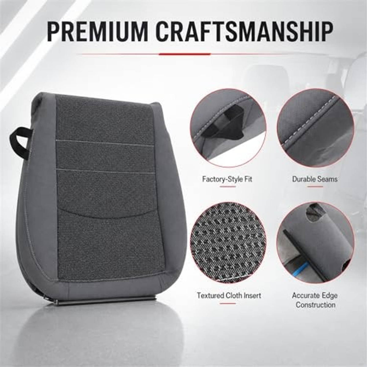 Dark gray cloth seat bottom cover with textured insert and durable stitched seams.