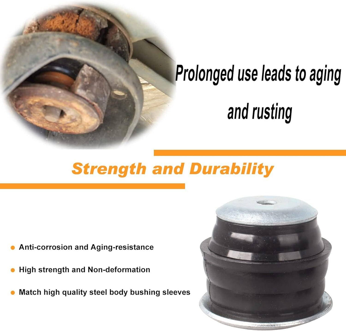 Body mount bushing kit with black stacked rubber bushing and galvanized metal washer