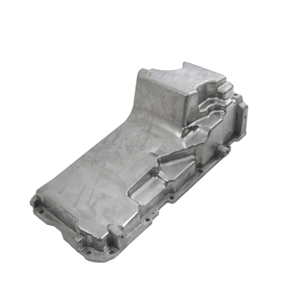 Engine oil pan housing assembly, silver cast metal with long mounting flange