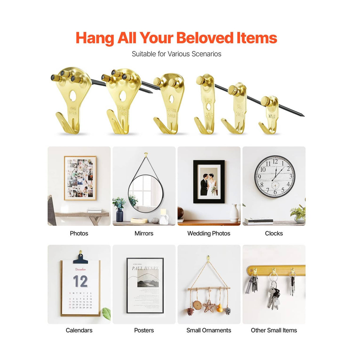 Assorted gold metal picture hanging hooks for photos, mirrors, calendars, and more