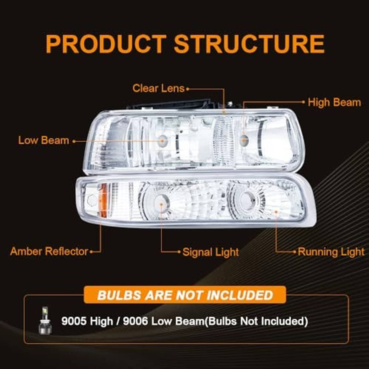 Chrome headlight lens unit pair with amber reflector and clear lens segments