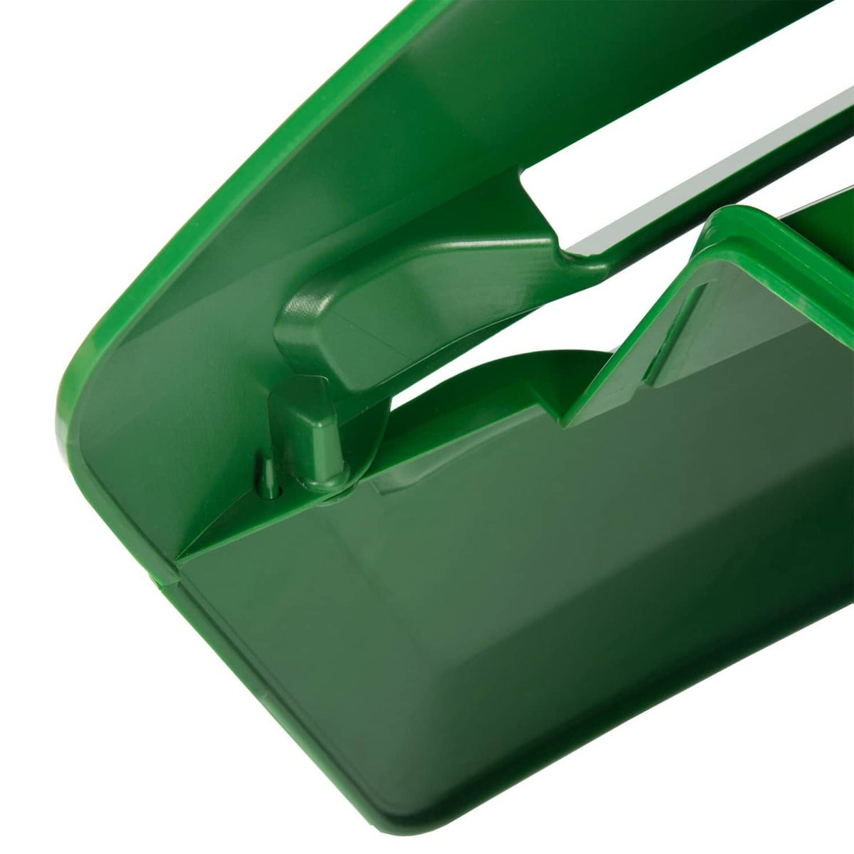 Green plastic mower hood cover with curved corner and hinge notch