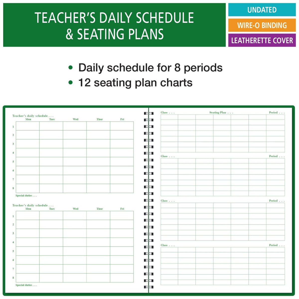 Teacher schedule and seating plans pages in open class record book