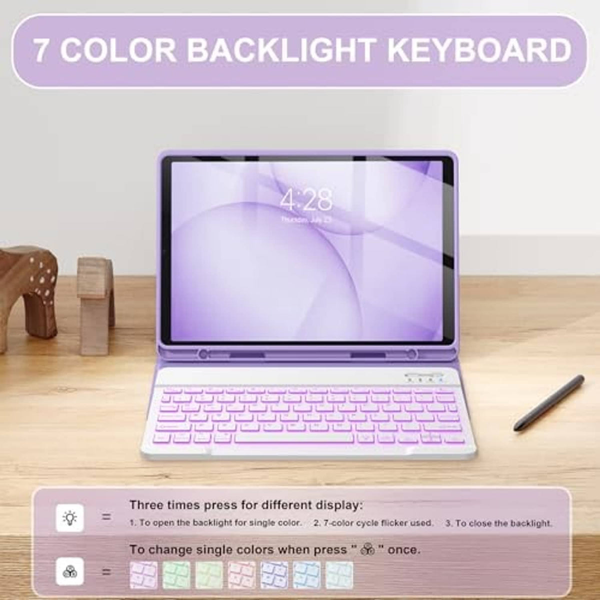 Violet backlit keyboard tablet case with open stand and protective cover
