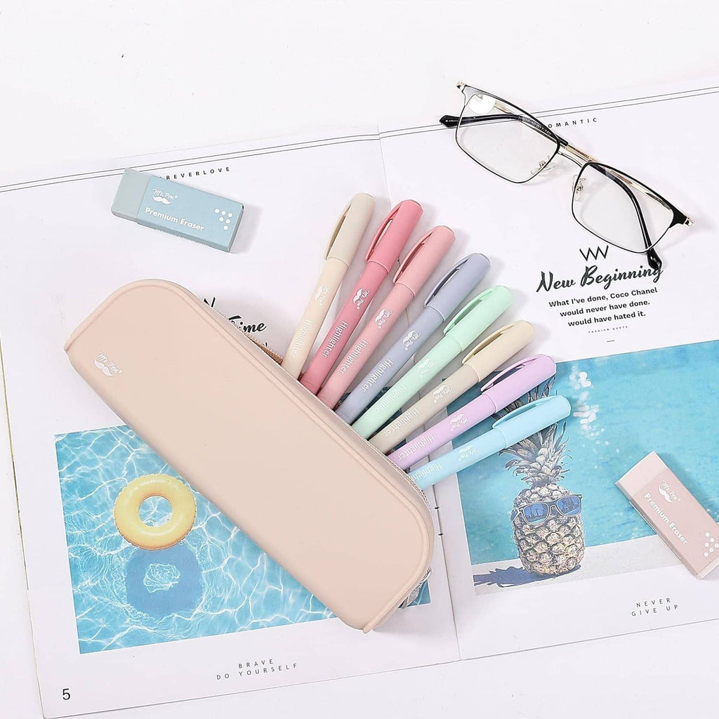 Beige zip pencil case open with colored pens and pencils inside