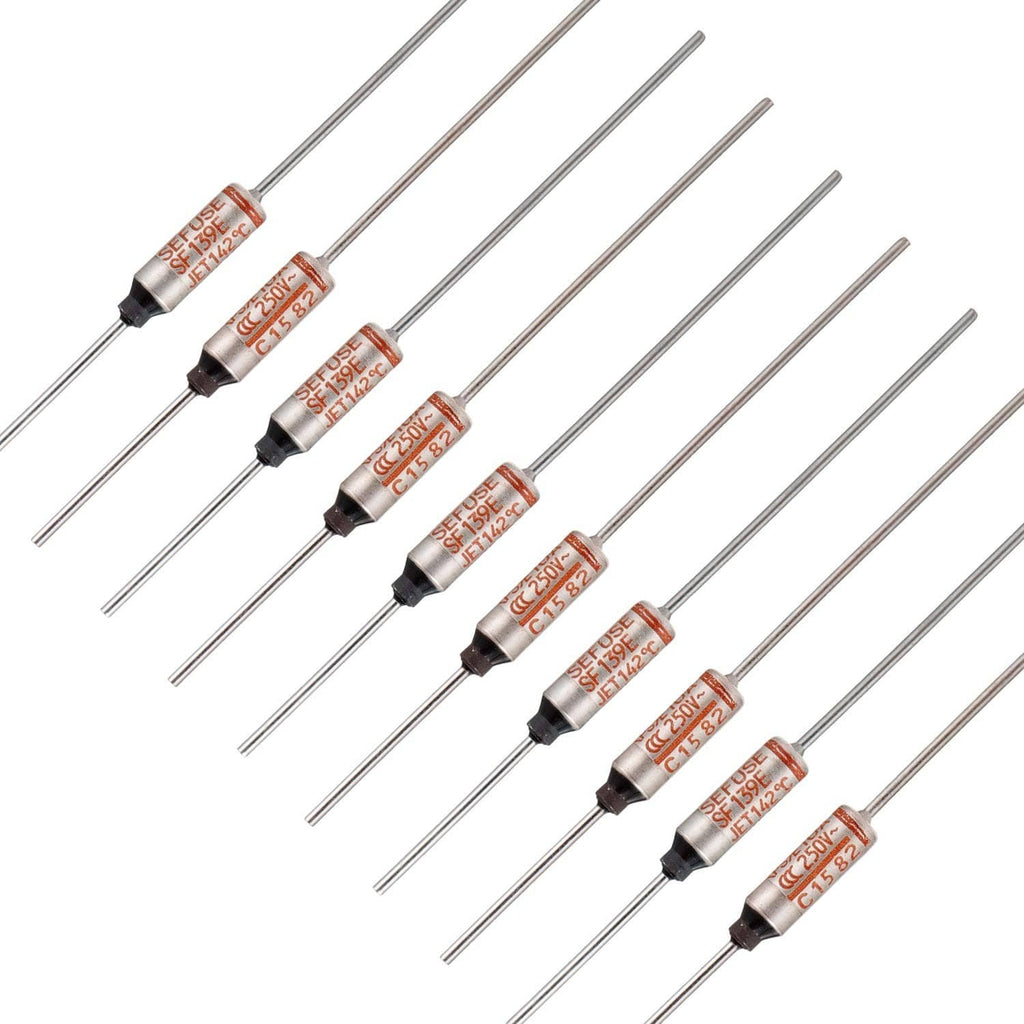 Set of axial thermal fuses with red cylindrical bodies and metal leads
