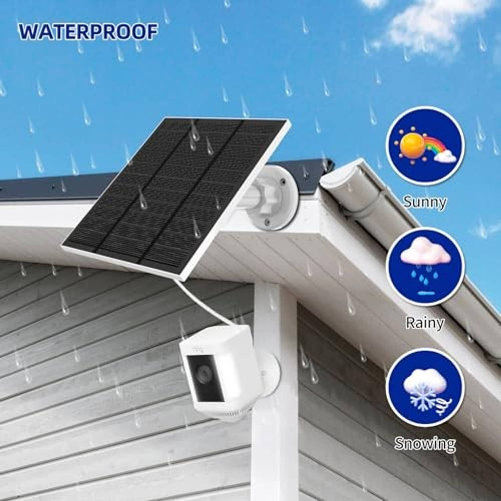 Outdoor solar panel with white mounts and camera base, shown for rainy weather