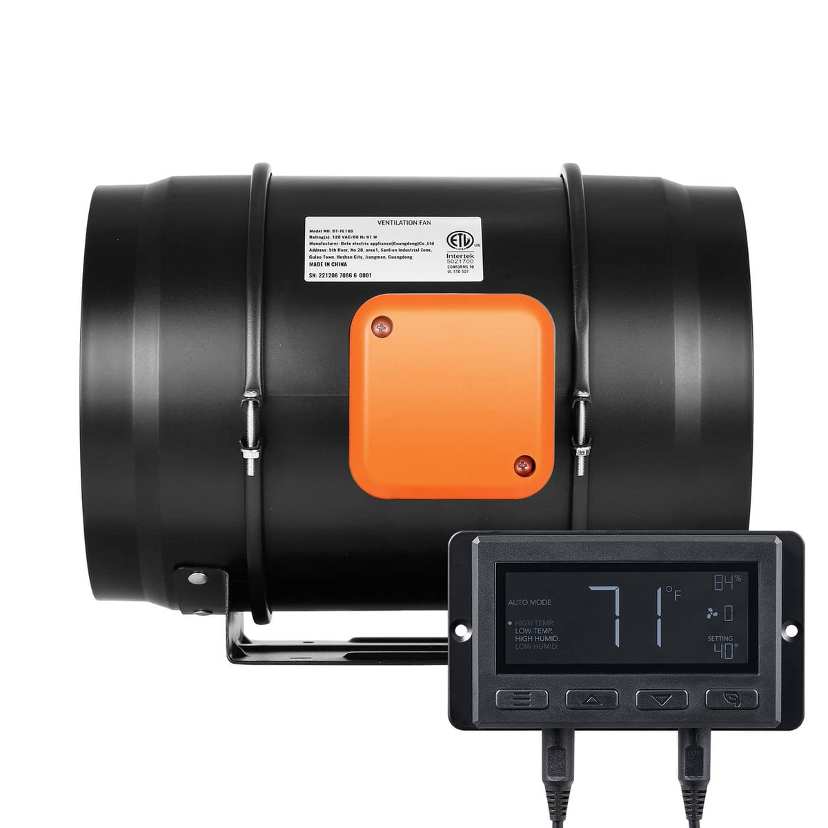 8 inch inline duct fan blower with orange controller and black housing