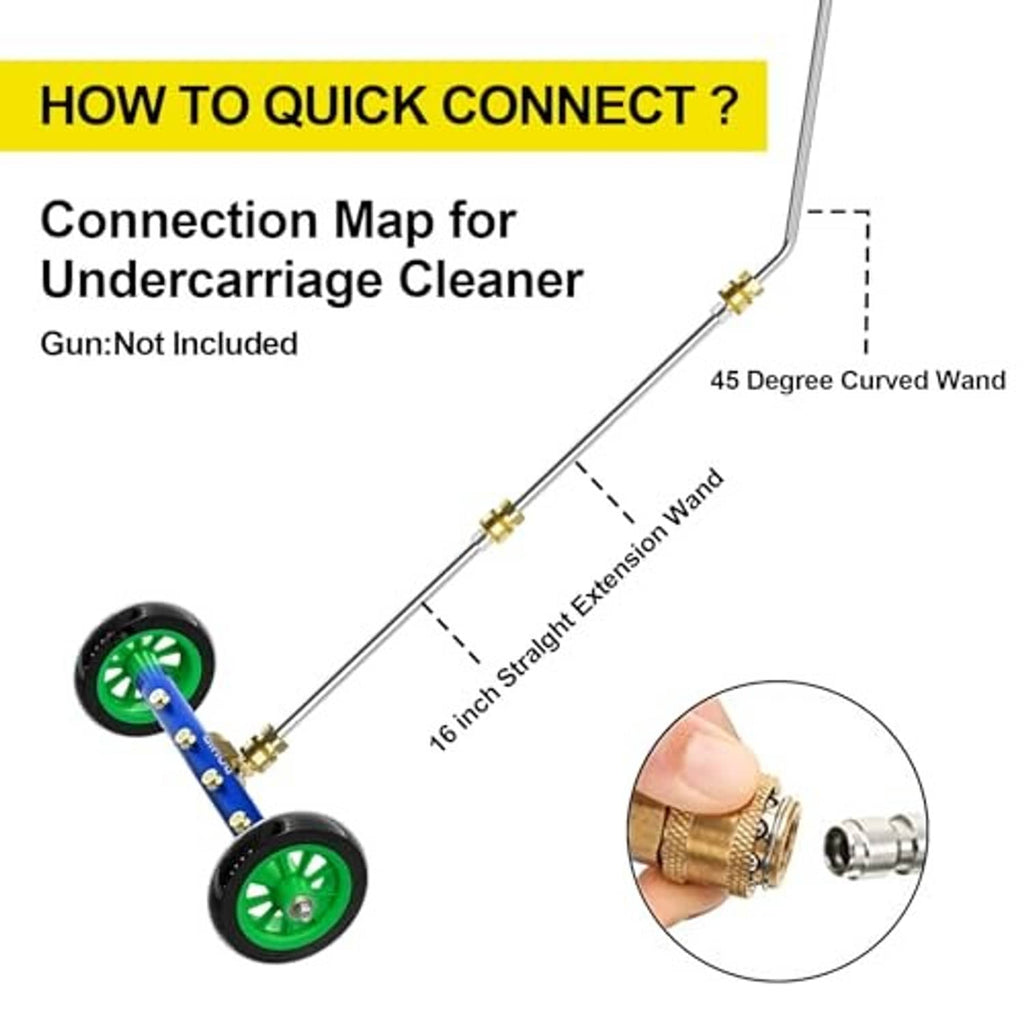 Blue undercarriage cleaner attachment with green wheels and 45-degree curved extension wand