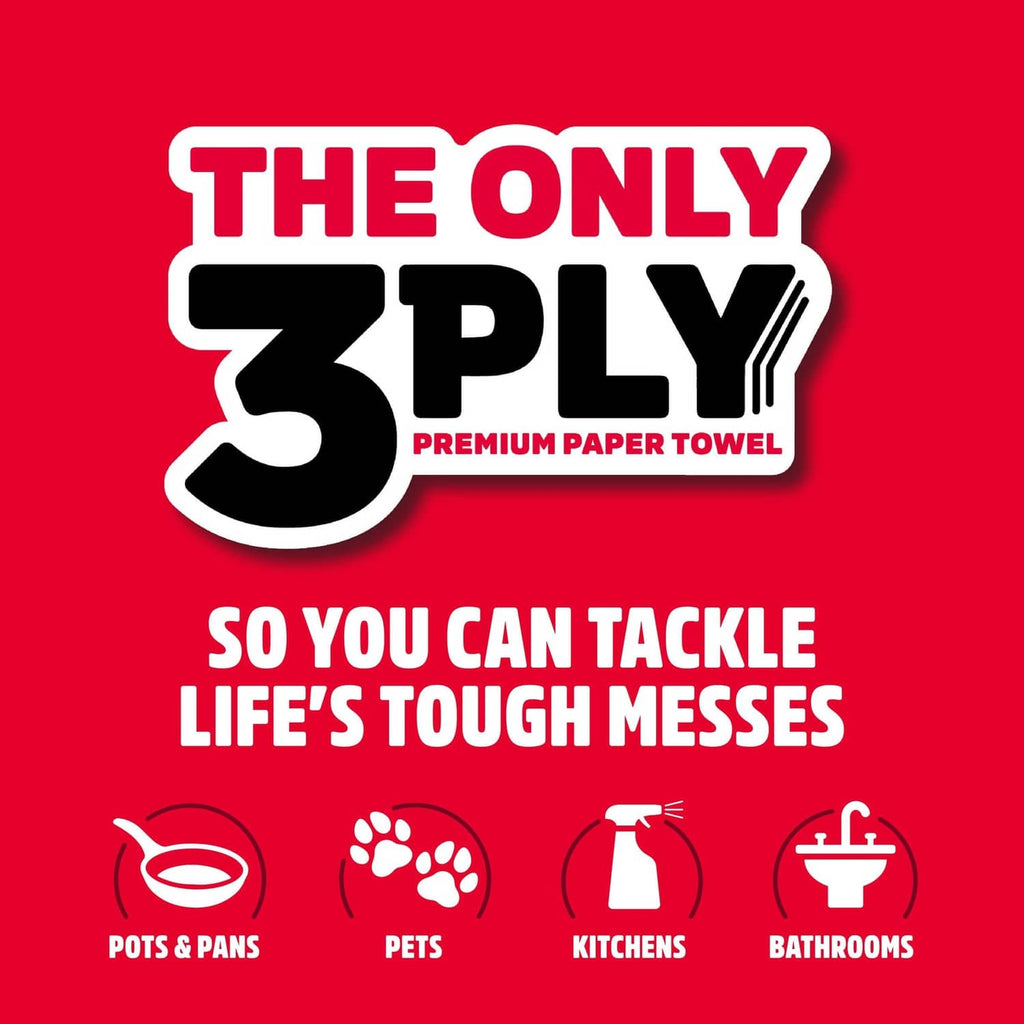 Brawny 3-ply premium paper towel promo for tough messes in kitchens and baths