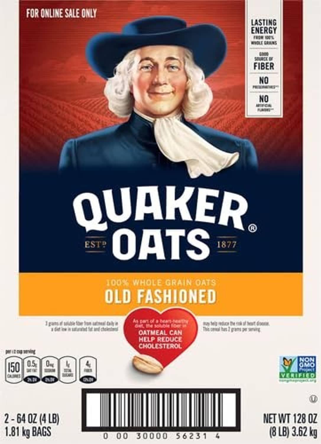 Quaker Old Fashioned rolled oats cereal box front with mascot, product name, and net weight