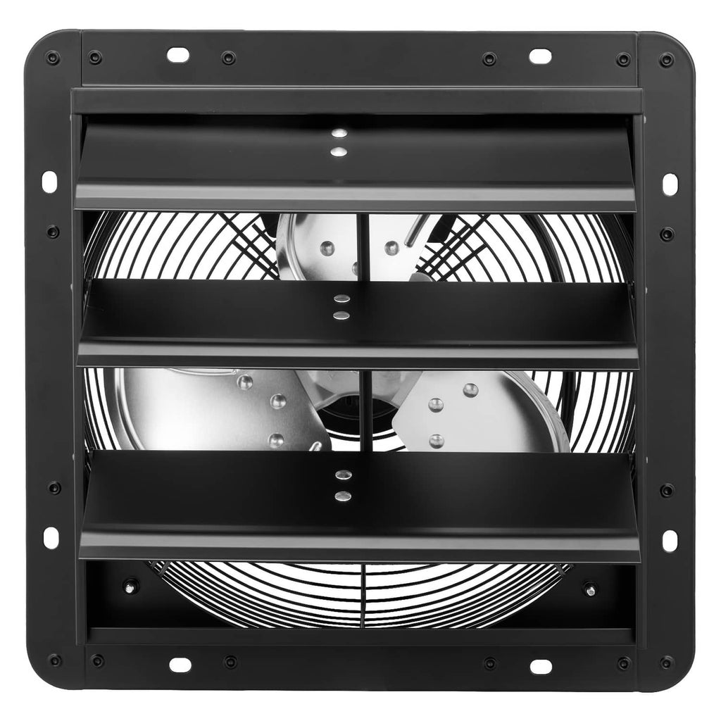 Wall-mount shutter exhaust fan, black steel frame with exposed motor and blades