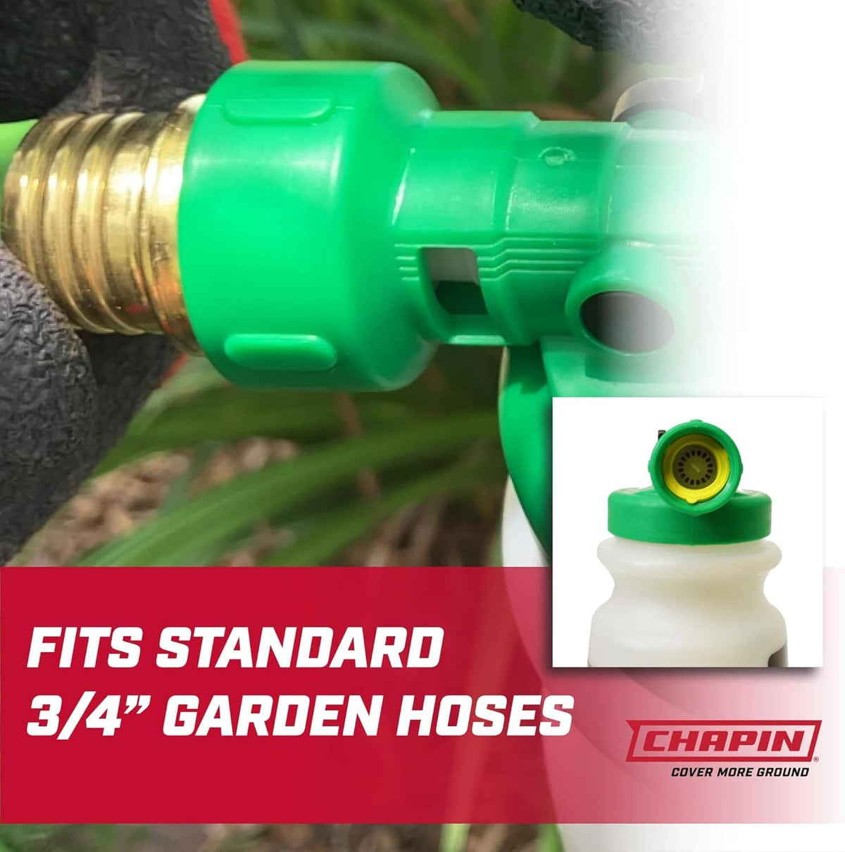 Chapin hose end sprayer with green nozzle and brass garden-hose fitting on white tank