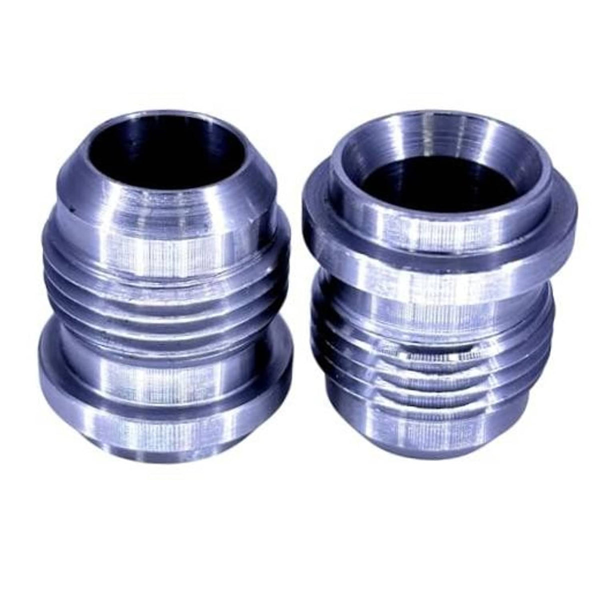 Male AN flare weld-on bung fitting, CNC-machined mild steel, polished silver with threads