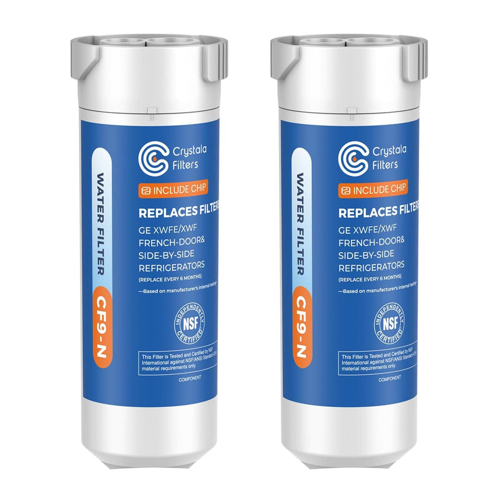 Refrigerator water filter cartridges, white with blue label, built-in chip, 2-pack view