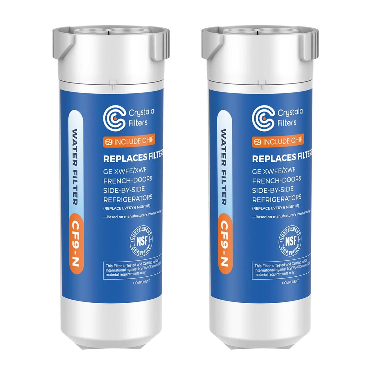 Refrigerator water filter cartridges, white with blue label, built-in chip, 2-pack view