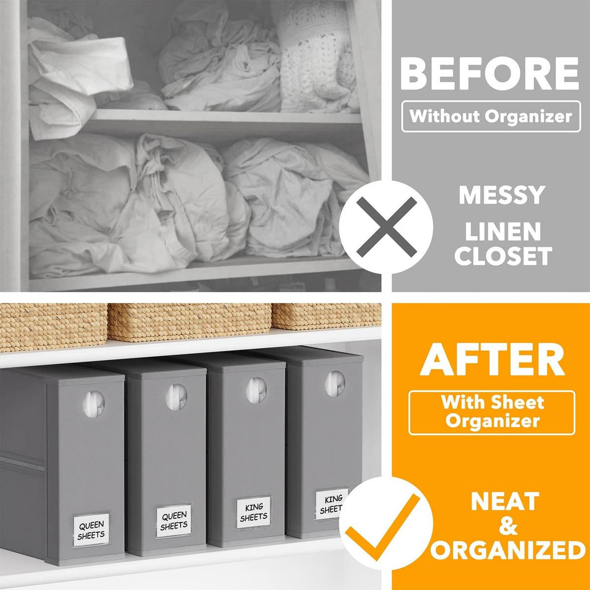 Gray lidded sheet organizer bins with oval handles and label pockets, neatly stored