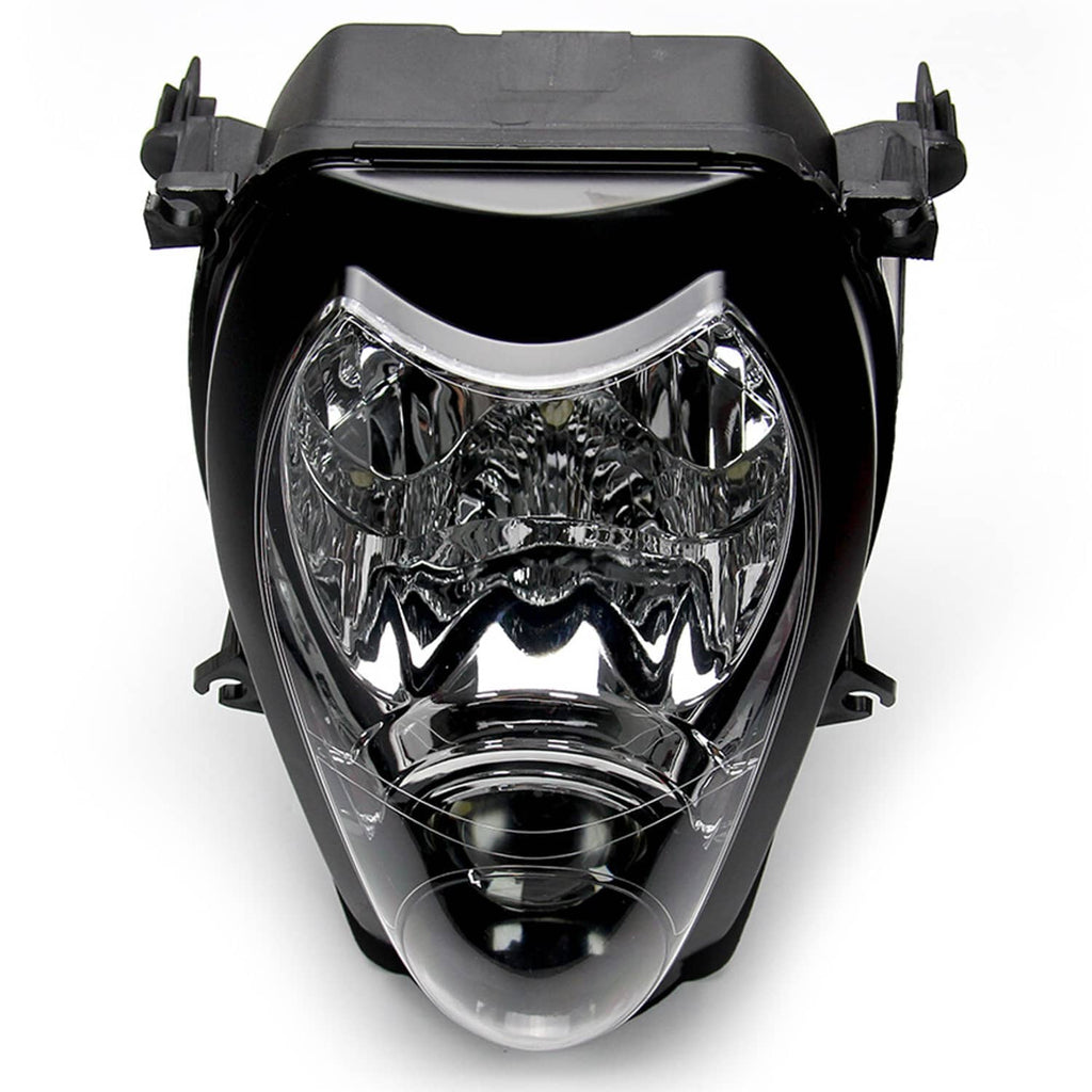 Front view of motorcycle headlight assembly with clear lens and chrome reflector elements