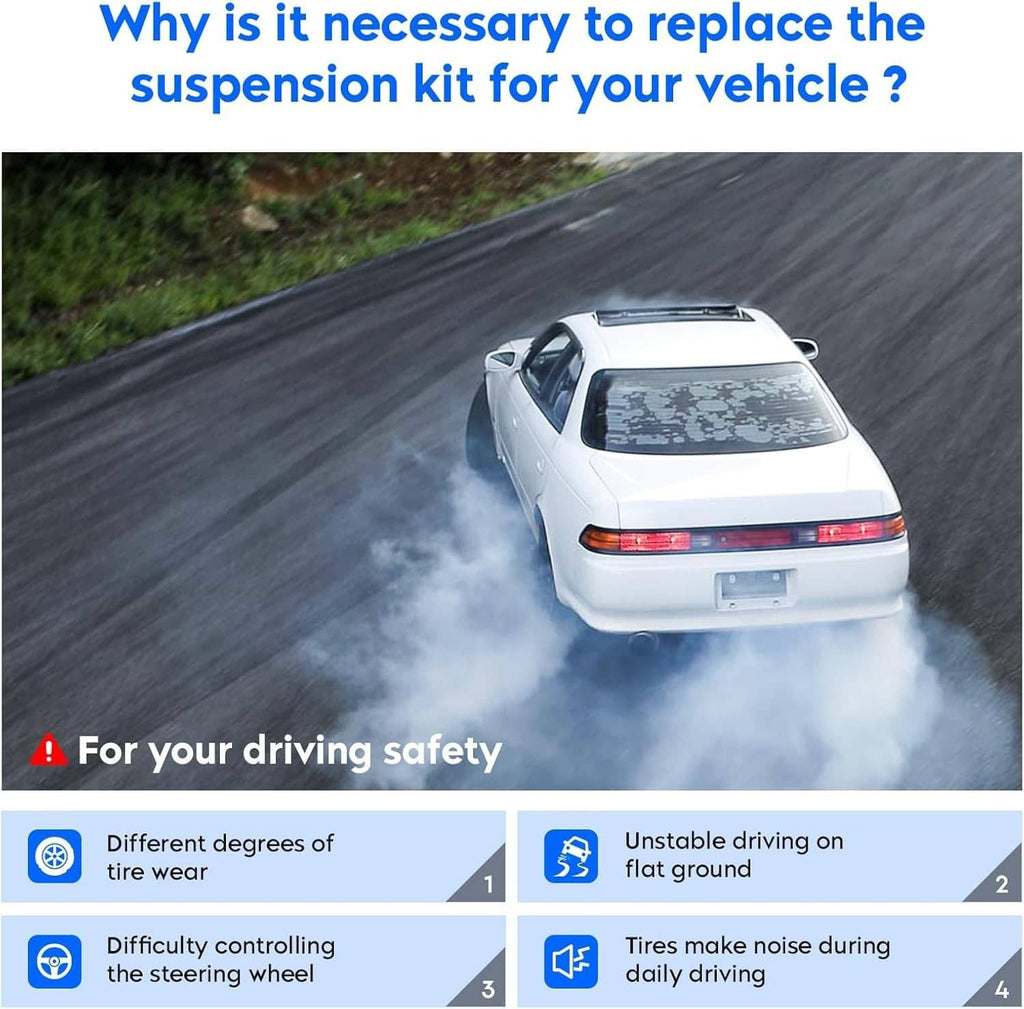 White sedan with tire smoke on a road surface and warning icons