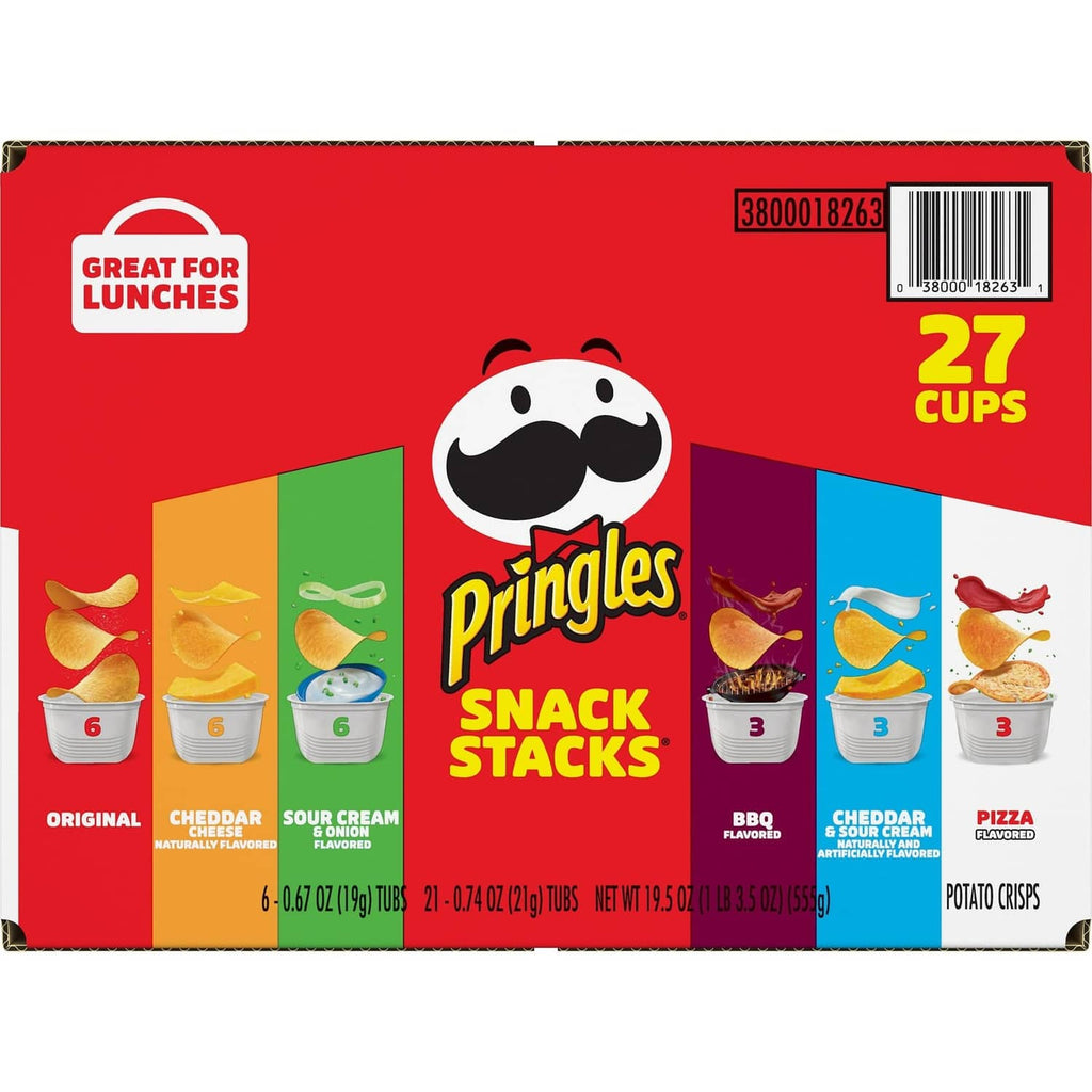 Pringles Snack Stacks box back panel with barcode and 27 cups callout