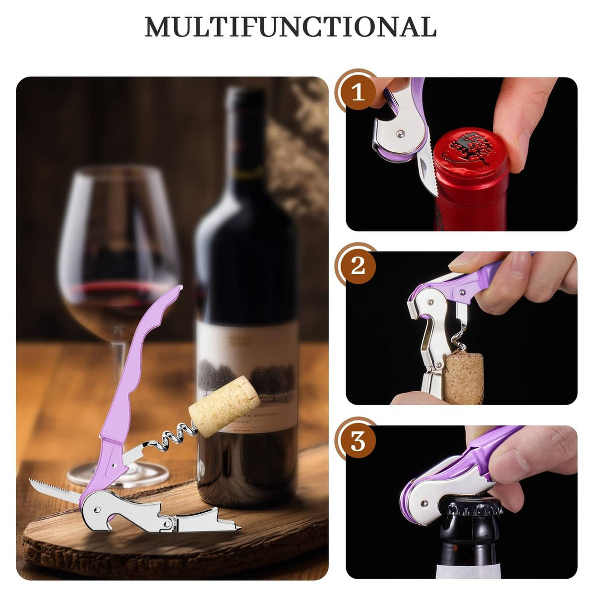 Lilac and silver waiter corkscrew steps removing a cork from a bottle