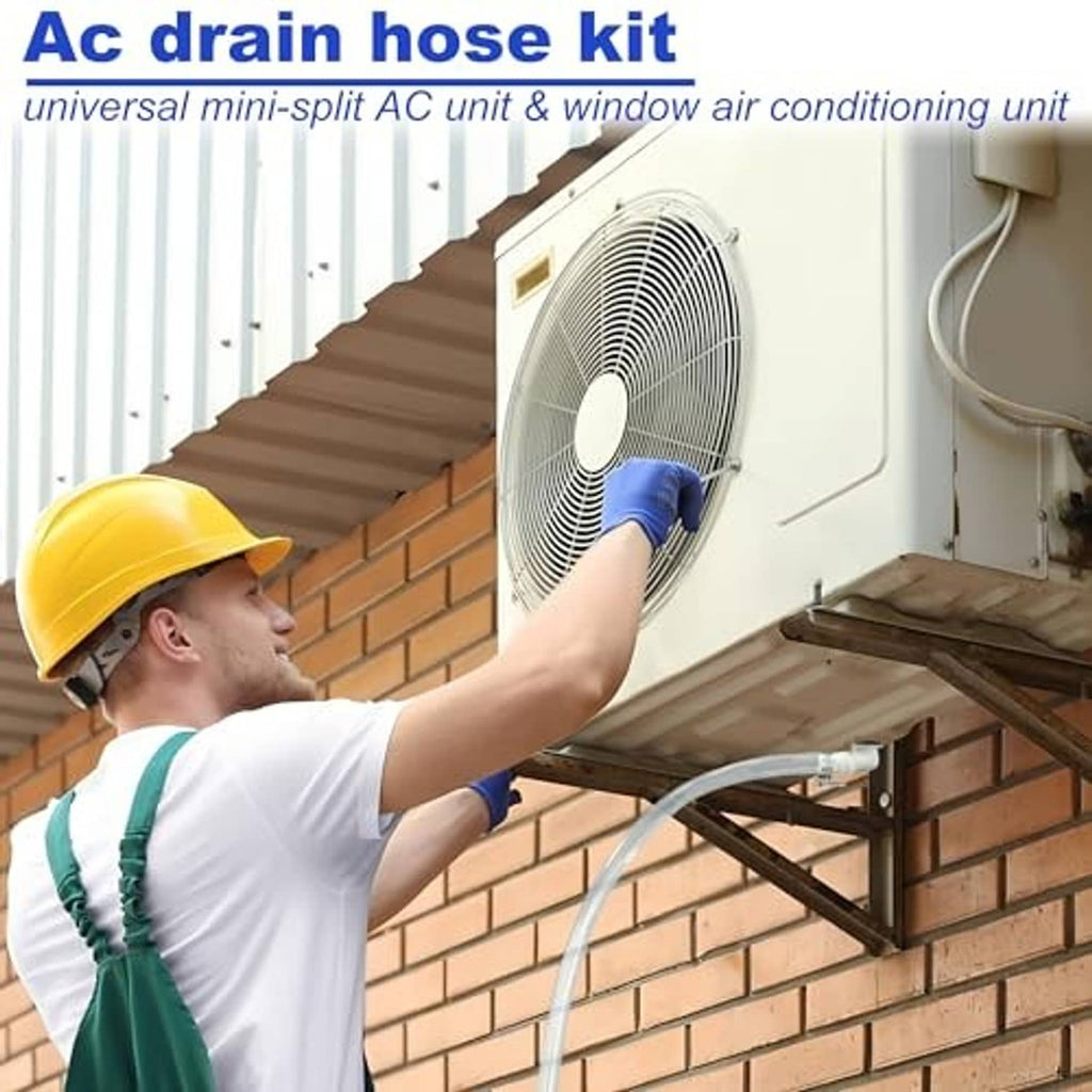 Universal mini-split AC drain hose kit connected to outdoor unit outlet with tubing