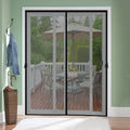 Black magnetic screen door with two mesh panels closed