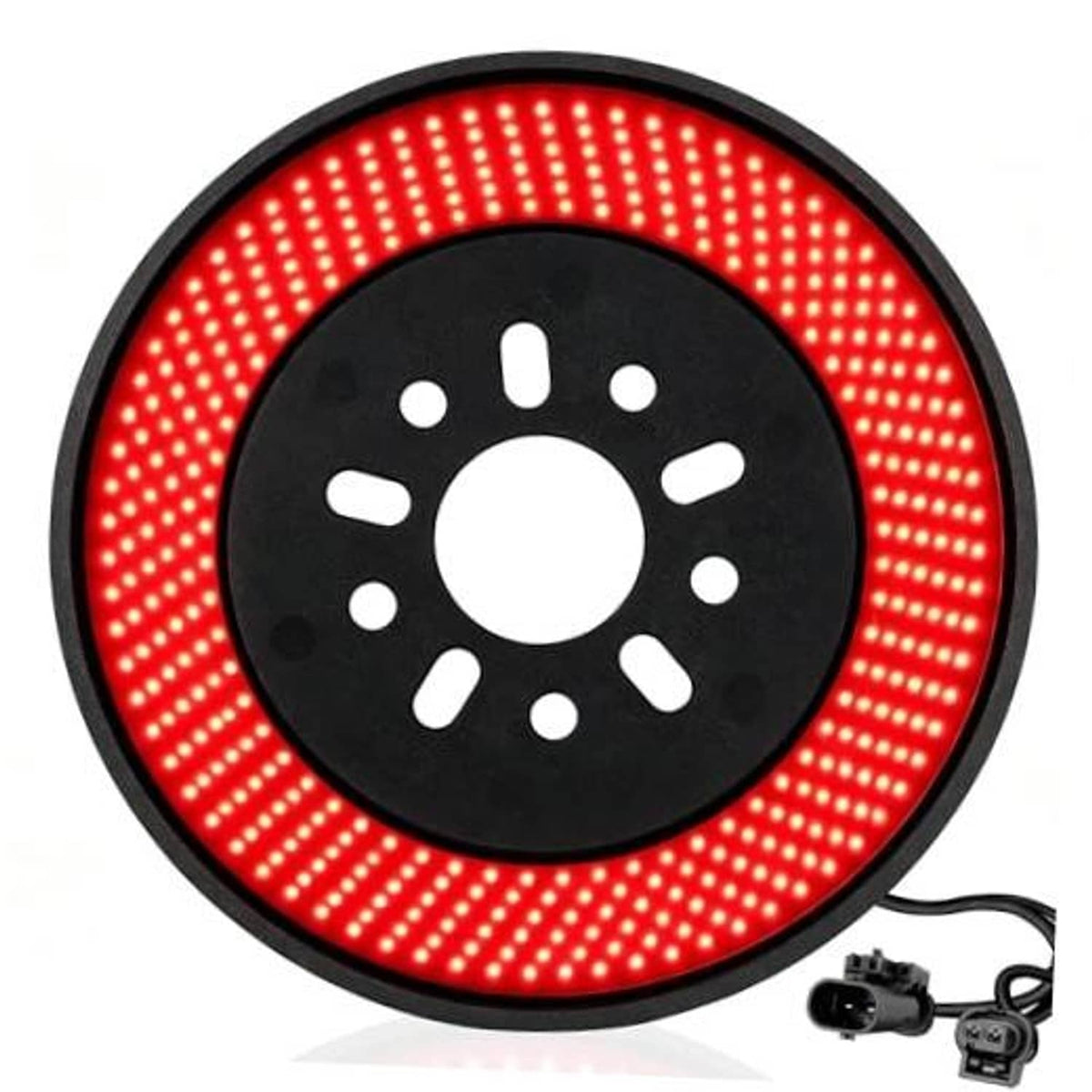 Circular LED spare-tire brake light with red dot-matrix ring on black base.