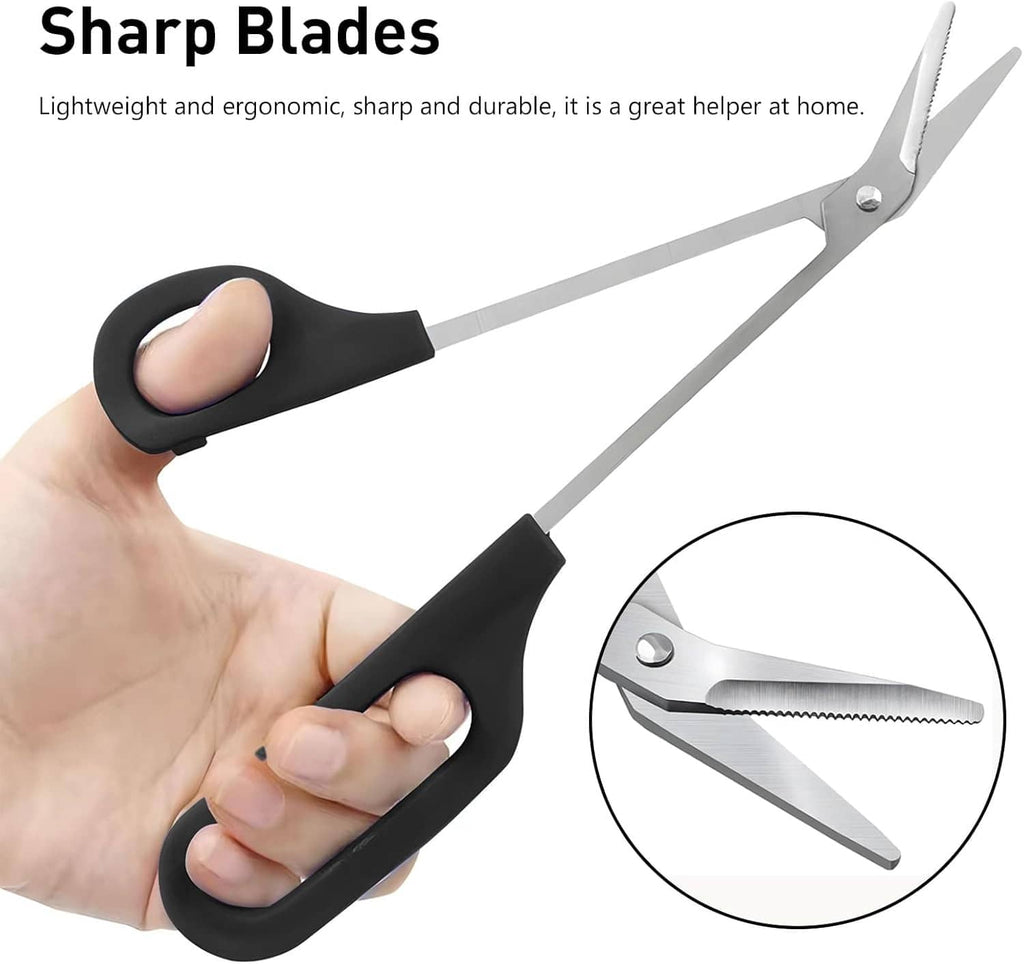 Toenail scissors held in hand with black handle and silver pointed blades