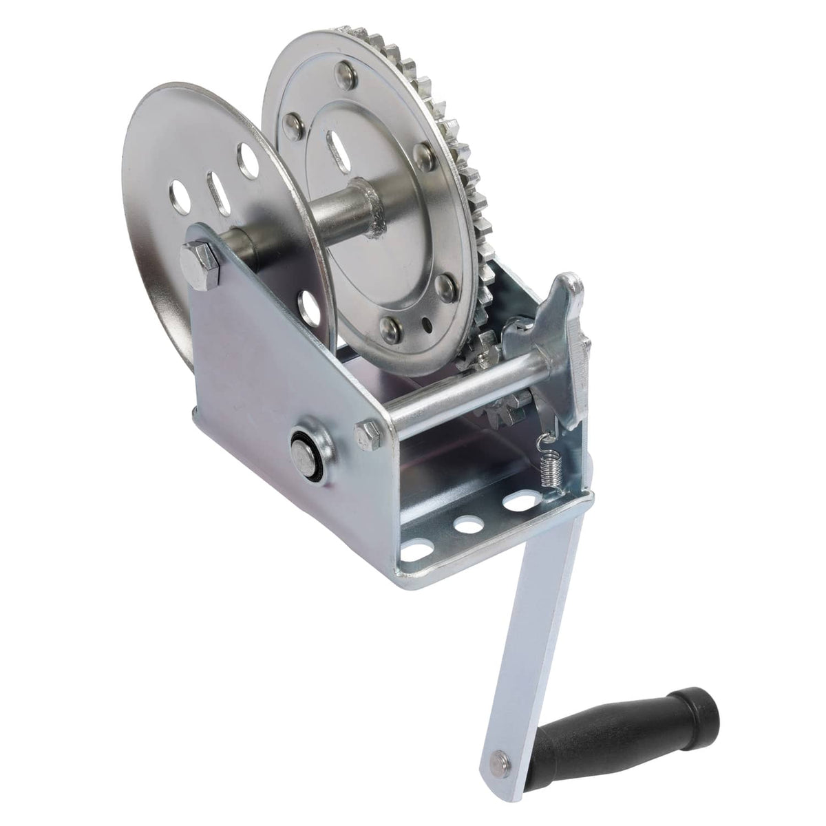 Galvanized steel horizontal hand ratchet winch with mounting plate and hand crank handle
