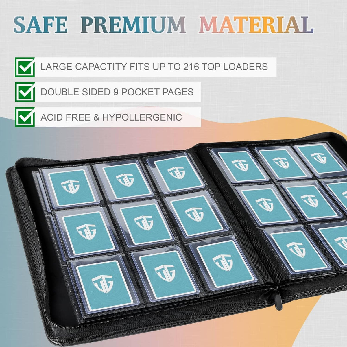 Toploader binder open showing multiple toploaders in teal 9-pocket pages