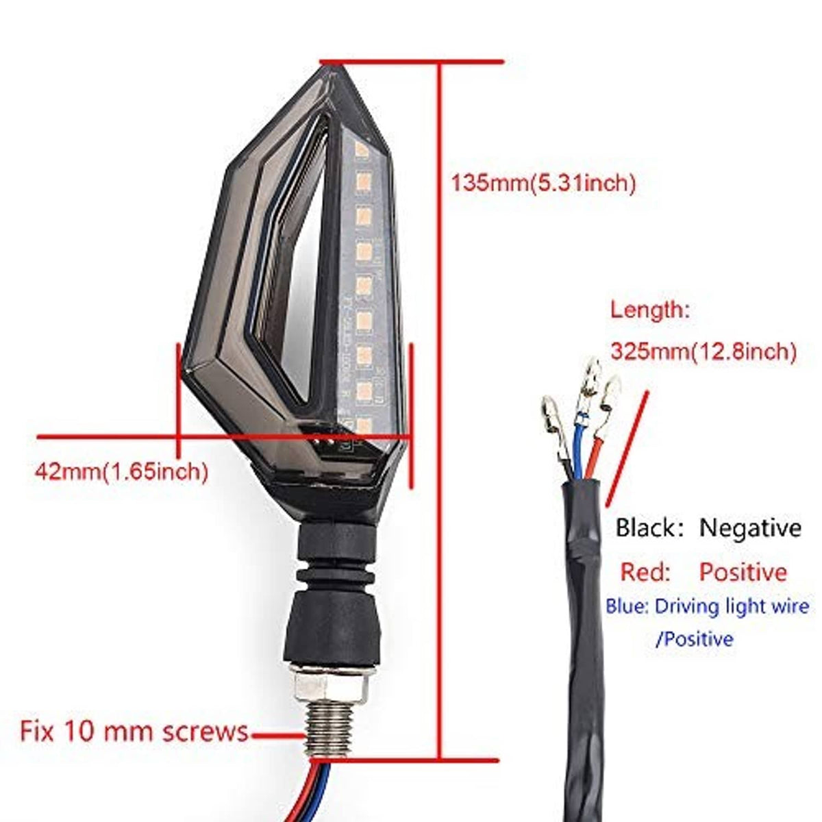 Motorcycle LED turn signal light with black body, side LED array, and attached wire leads