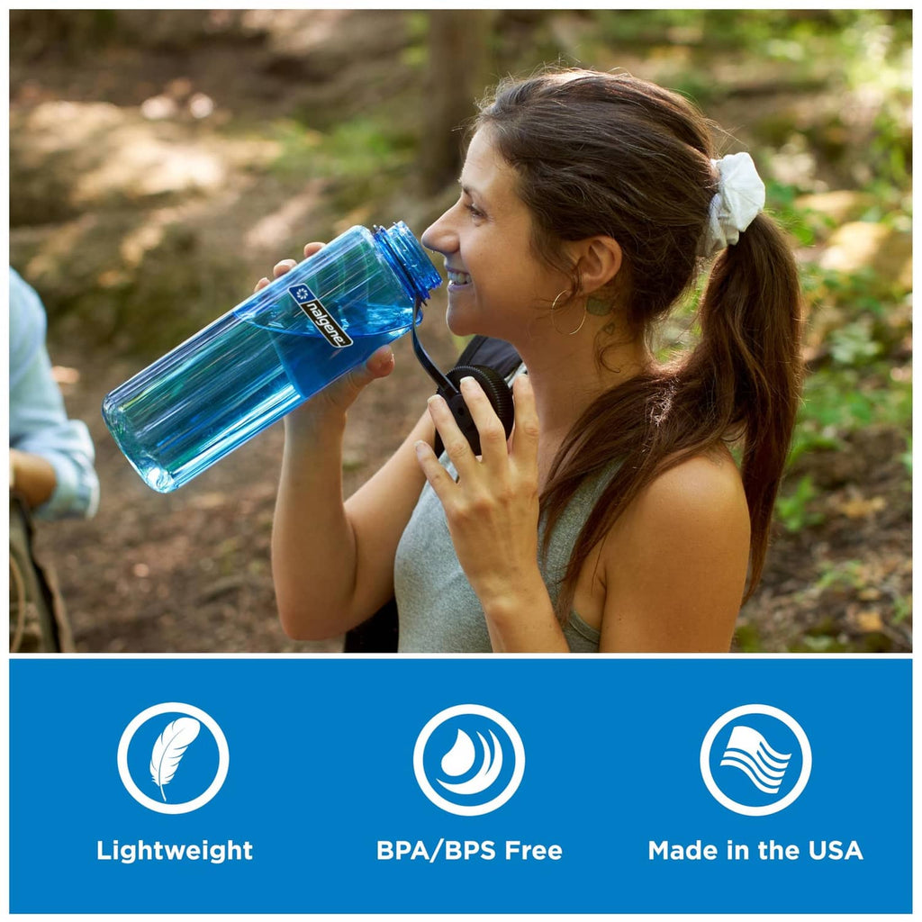 Translucent blue wide-mouth water bottle with screw lid, held while drinking