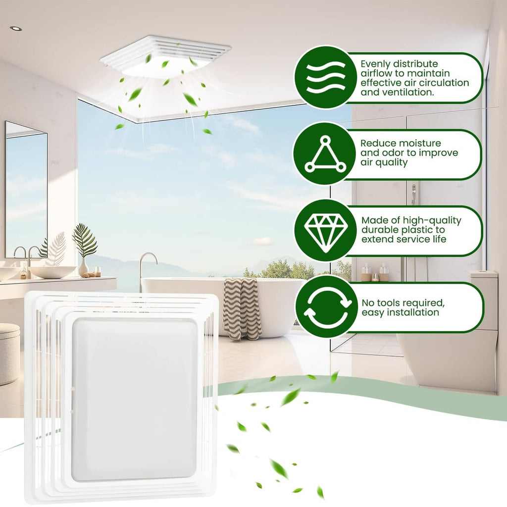 White square bathroom exhaust fan cover grille with airflow vent slats