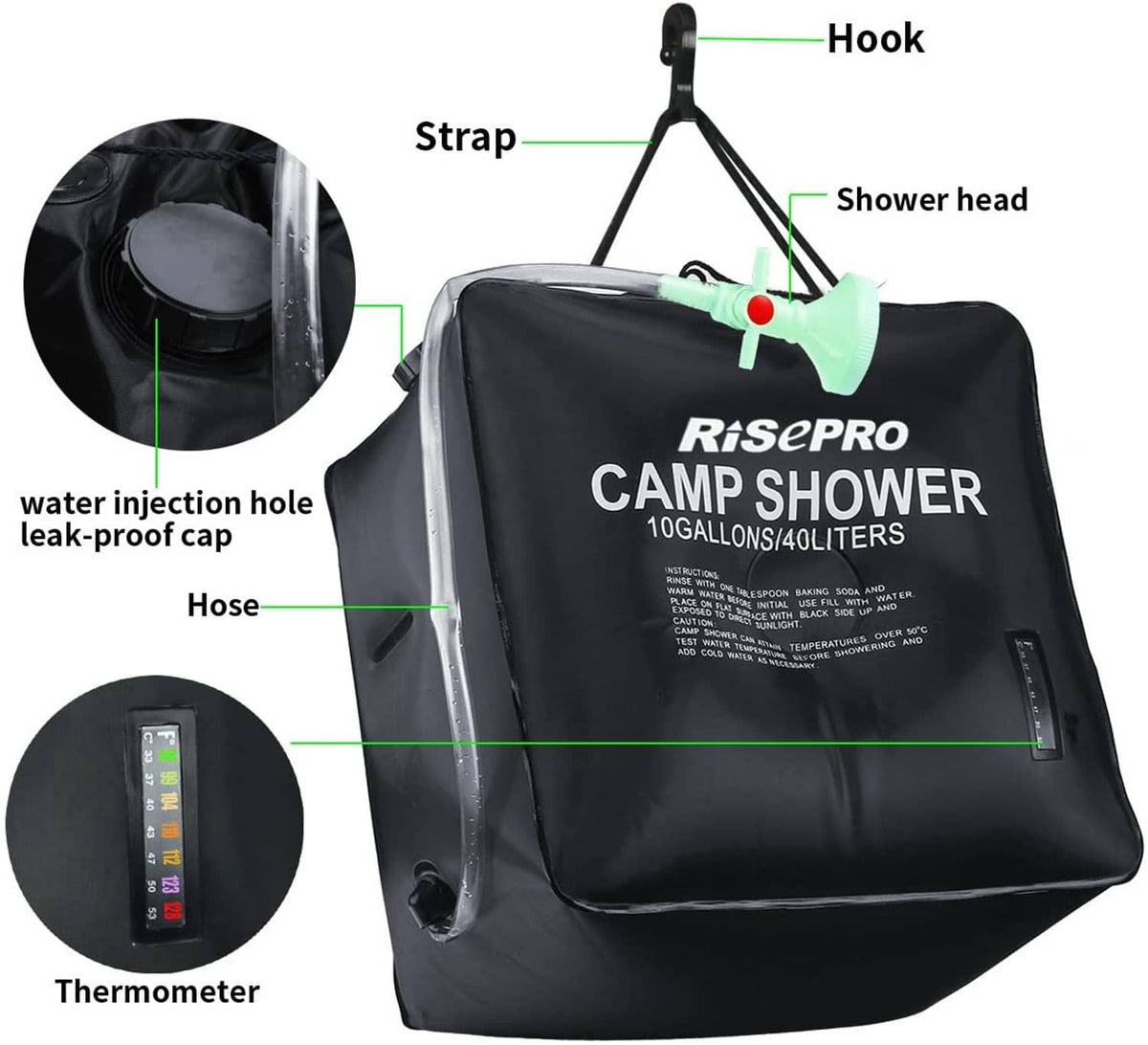 Black 40L camp shower bag with hanging strap, hose, shower head, and thermometer window