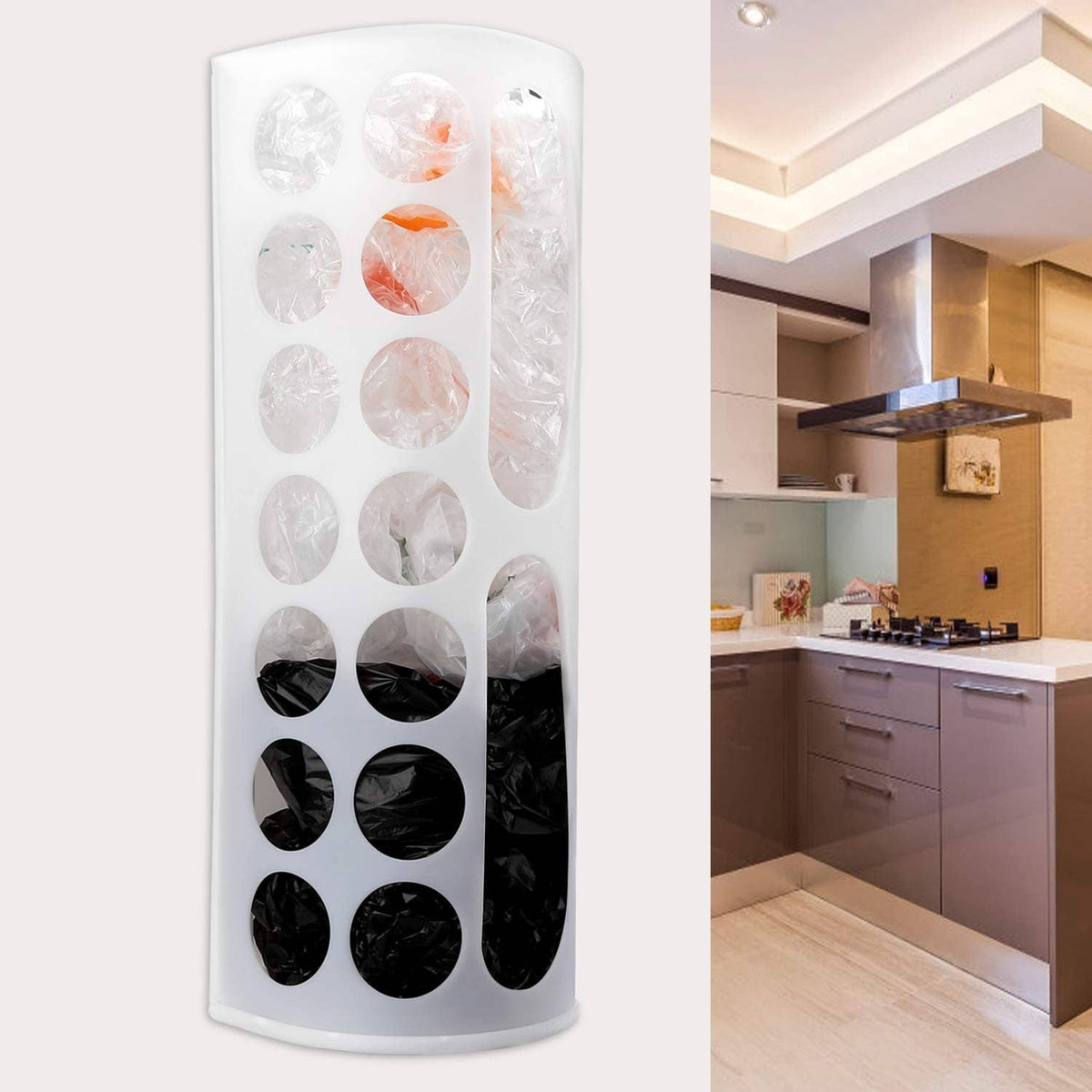 White plastic bag holder cylinder holding grocery bags in cutout compartments