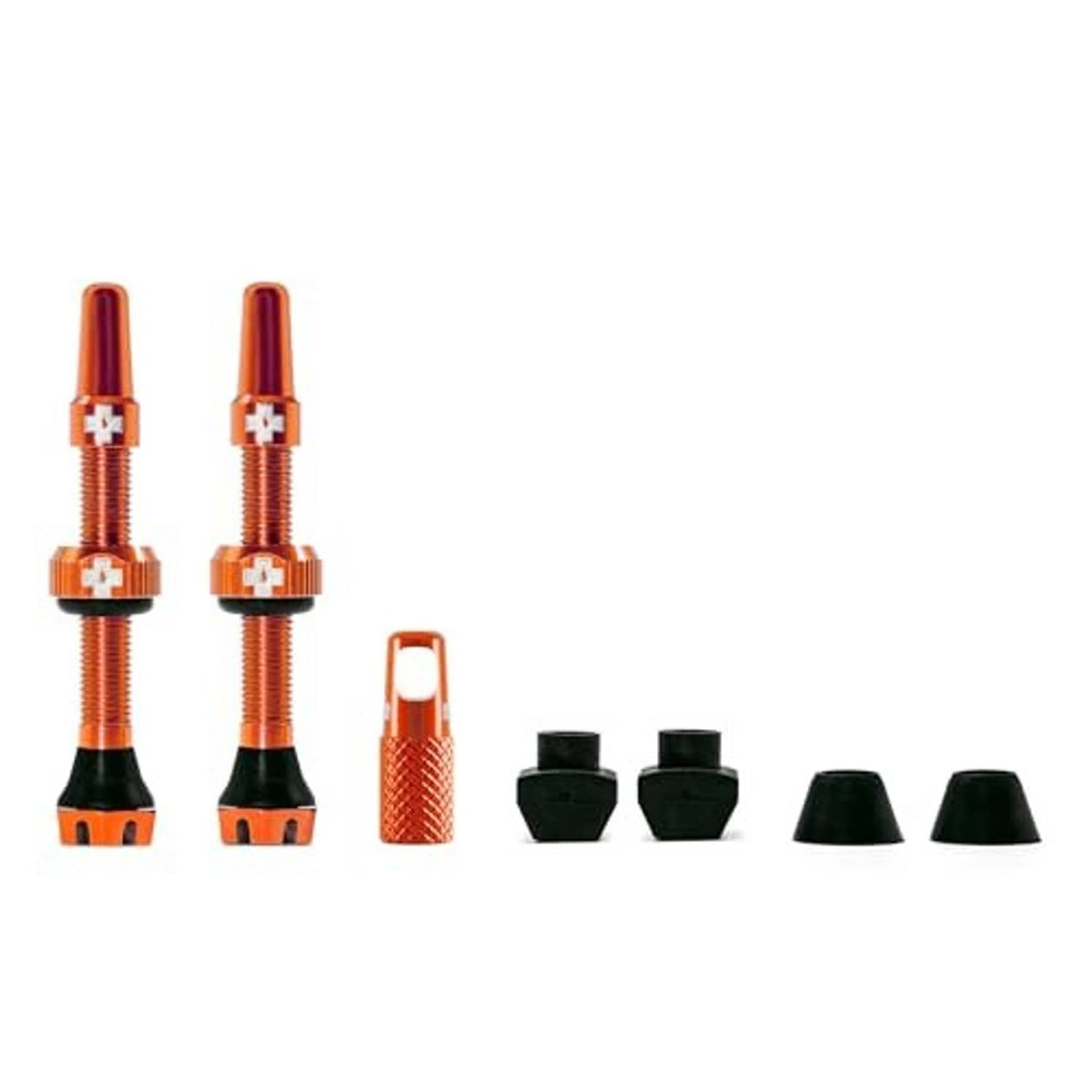 Orange Presta tubeless valves with black rubber bases and spare cap pieces