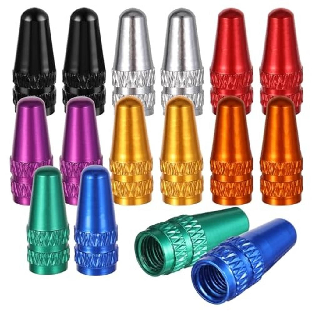 Aluminum Presta valve caps in assorted colors, open threaded tops with knurled bands