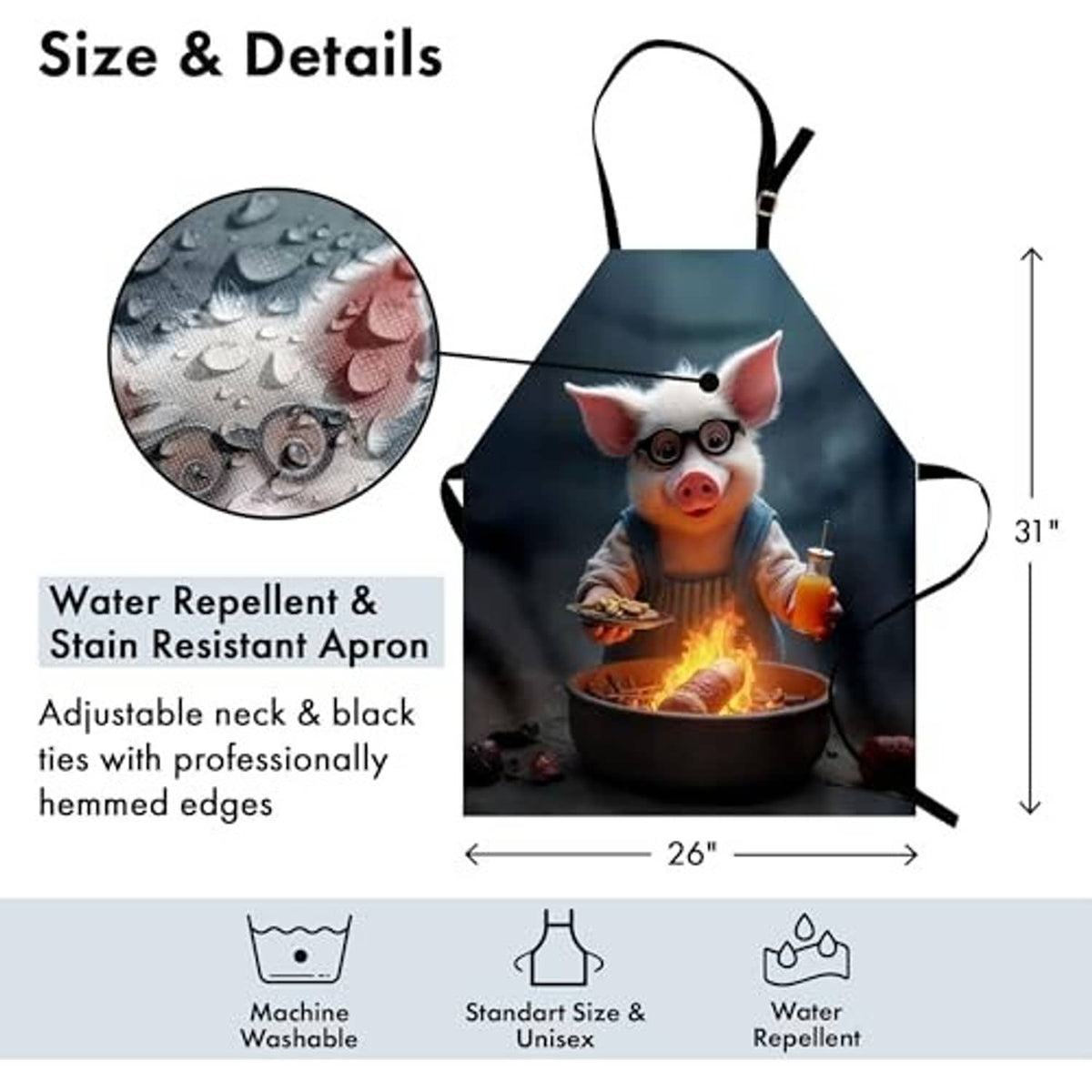 Water-repellent dark blue apron with pig grilling print, adjustable neck and black hem ties