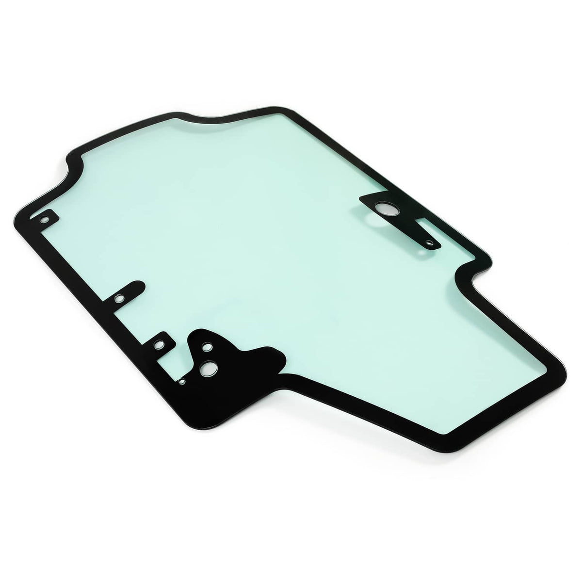 Skid steer door glass panel with black frame and mounting brackets, light blue tint
