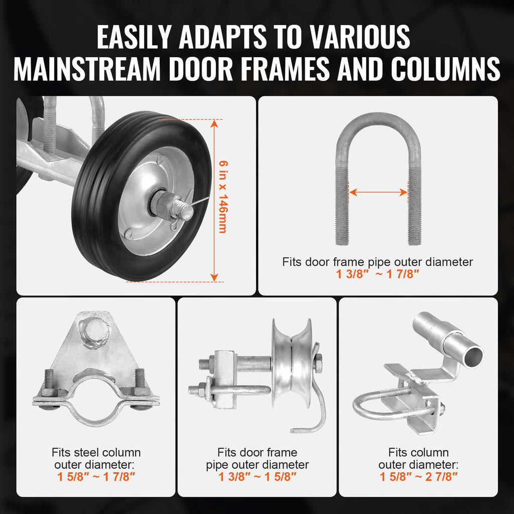 Sliding gate roller kit components for door frames and columns, with caster wheels