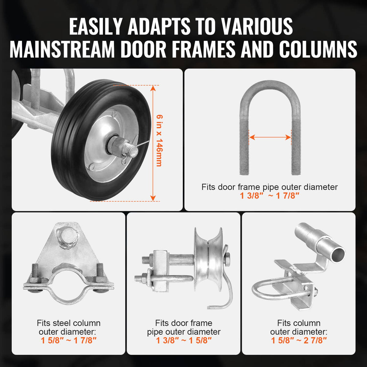 Sliding gate roller kit components for door frames and columns, with caster wheels