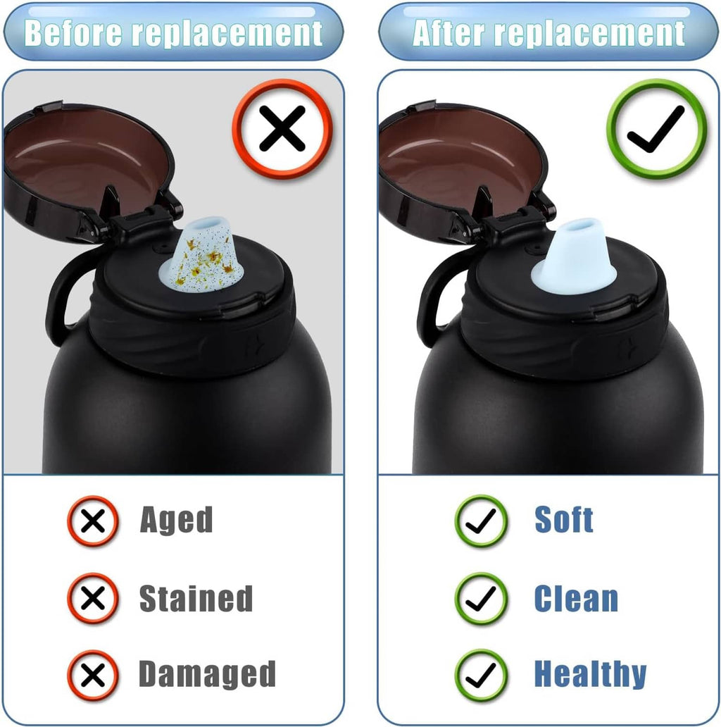 Before and after bite valve replacement on a black water bottle lid, light blue valve
