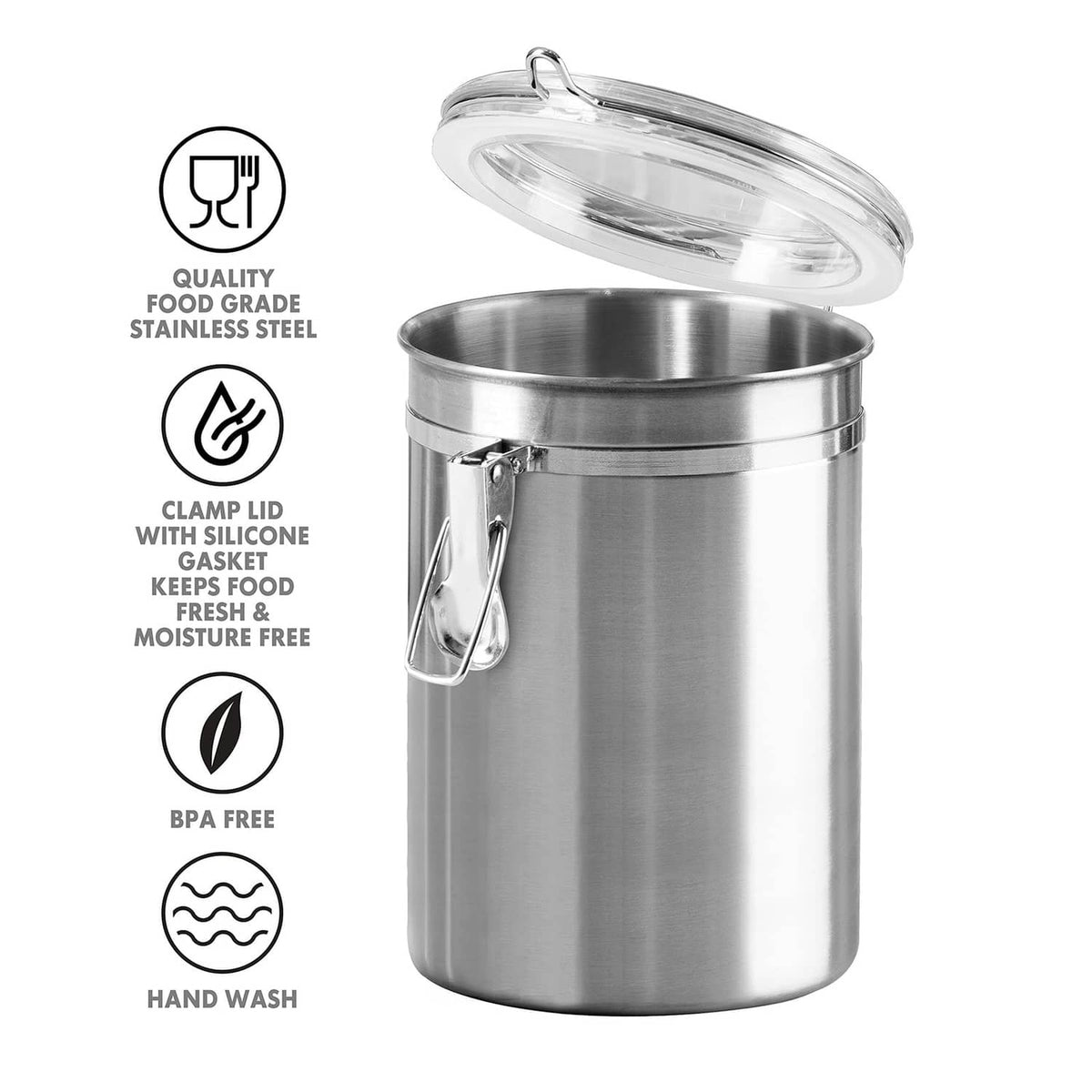 Stainless steel canister with see-through lid and metal clamp latch